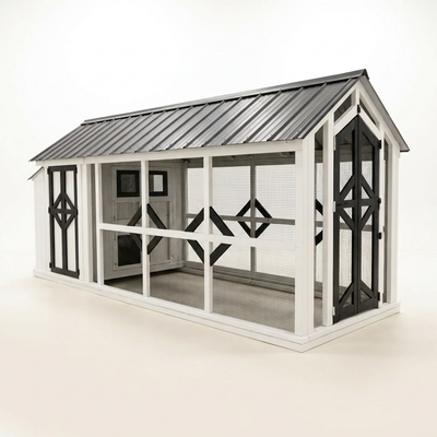 Walk-In Chicken Coop Built for Backyard Poultry, Solid Wood Frame, Metal Roof, Cross-Braced Panels