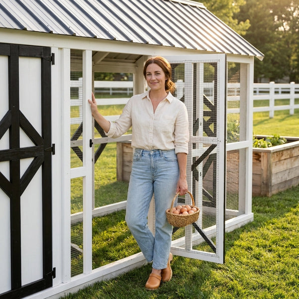 Walk-In Chicken Coop Built for Backyard Poultry, Solid Wood Frame, Metal Roof, Cross-Braced Panels
